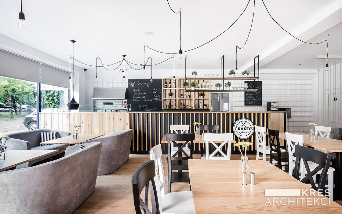 Wnętrza restauracji Grande Pizza, KRES Architekci KRES Architekci 상업공간 우드 우드 그레인 바 & 카페