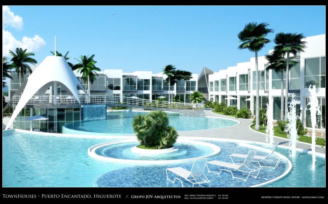 Imagenes 3D (Render) Vista externa de las areas recreacionales en torno a la piscina Grupo JOV Arquitectos Piscinas de estilo minimalista Cerámico