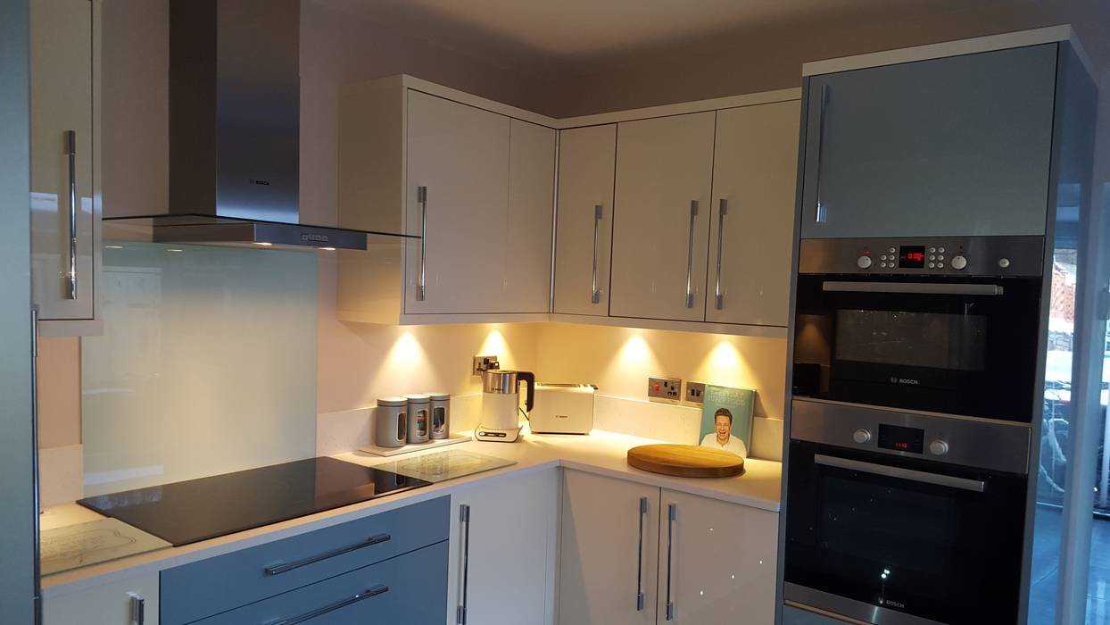 Blue & cream gloss kitchen, aberdare, south wales, hitchings & thomas