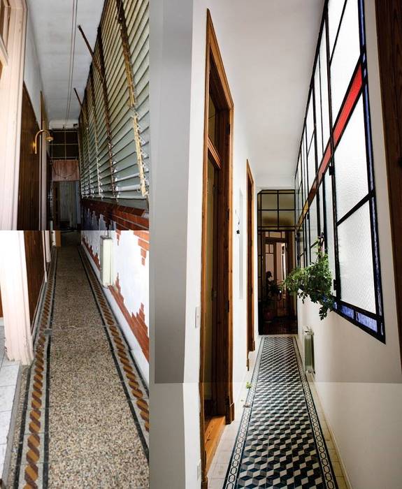 ANTES y DESPUES de galería oscura a galería con luz y ventilación natural homify Pasillos, vestíbulos y escaleras eclécticos