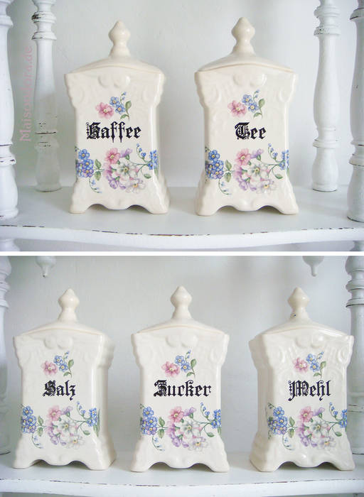 5 Bunzlau Gewürzdosen mit Blumendekor um 1920 homify Kırsal Mutfak Porselen Depo & Kiler