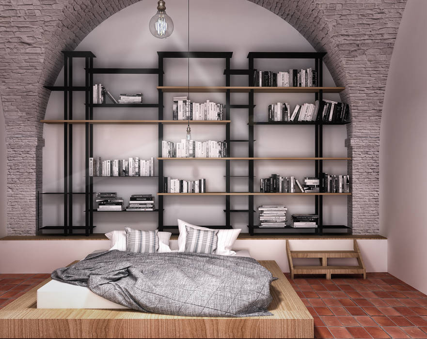 Camera da letto homify Camera da letto in stile industriale Ferro / Acciaio camera da letto,libreria,letto,urban