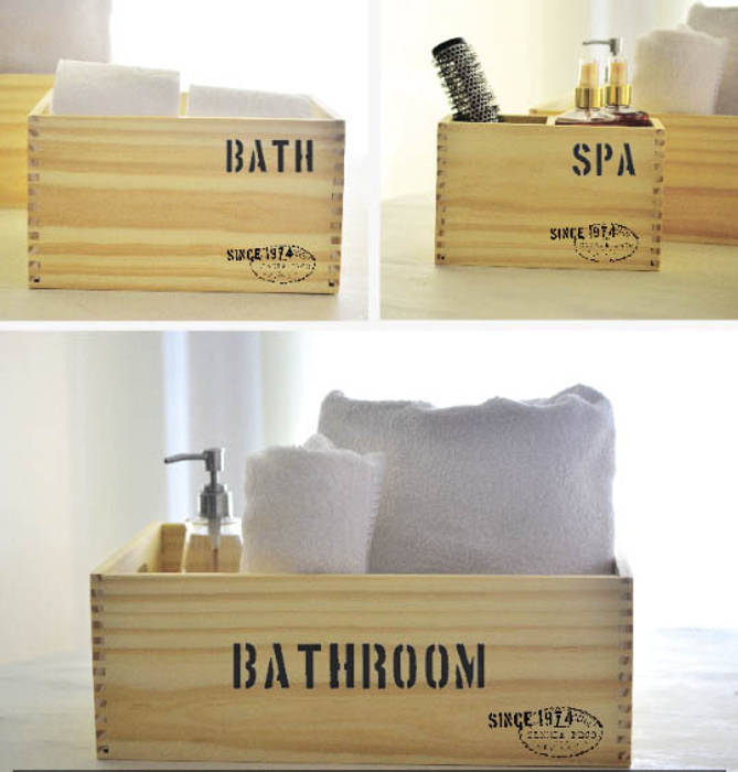 Caja de madera Bathroom natural Zinniadeco Baños industriales Madera Acabado en madera Decoración