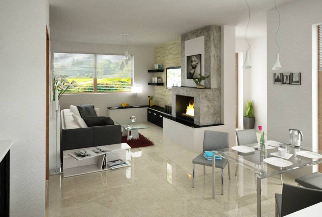 Bifamiliri in travertino, AGA Studio AGA Studio Soggiorno moderno Divano,Cornice,Proprietà,Mobilia,Pianta della casa,Interior design,Pianta,Soggiorno,Grigio,Tavolo