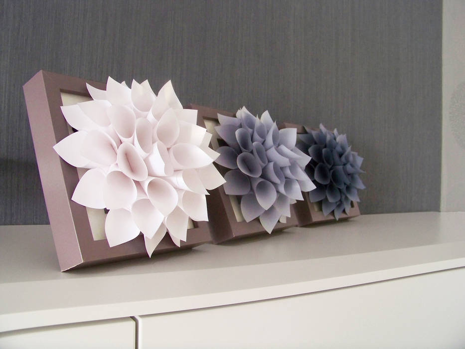 Triptyque de Fleurs Blanc Nacré, Grise Clair/Foncé, Mushette Mushette Maisons modernes Papier Accessoires & décoration