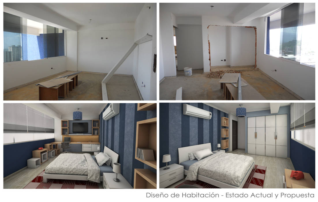 Estado Original de las Habitaciones y Propuesta 3D 5D Proyectos Cuartos de estilo moderno