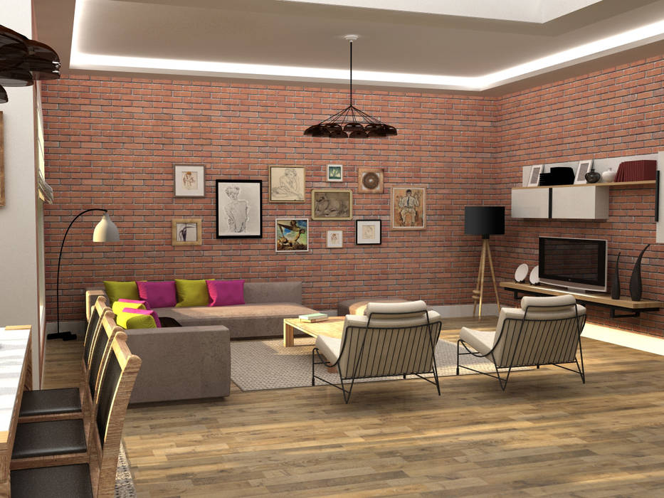 Emre & Cansu Evi, Update İç Mimarlık Update İç Mimarlık Eclectic style living room Bricks