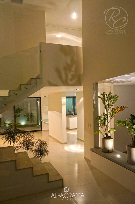 Ambientación nocturna Alfagrama estudio Pasillos, vestíbulos y escaleras de estilo moderno