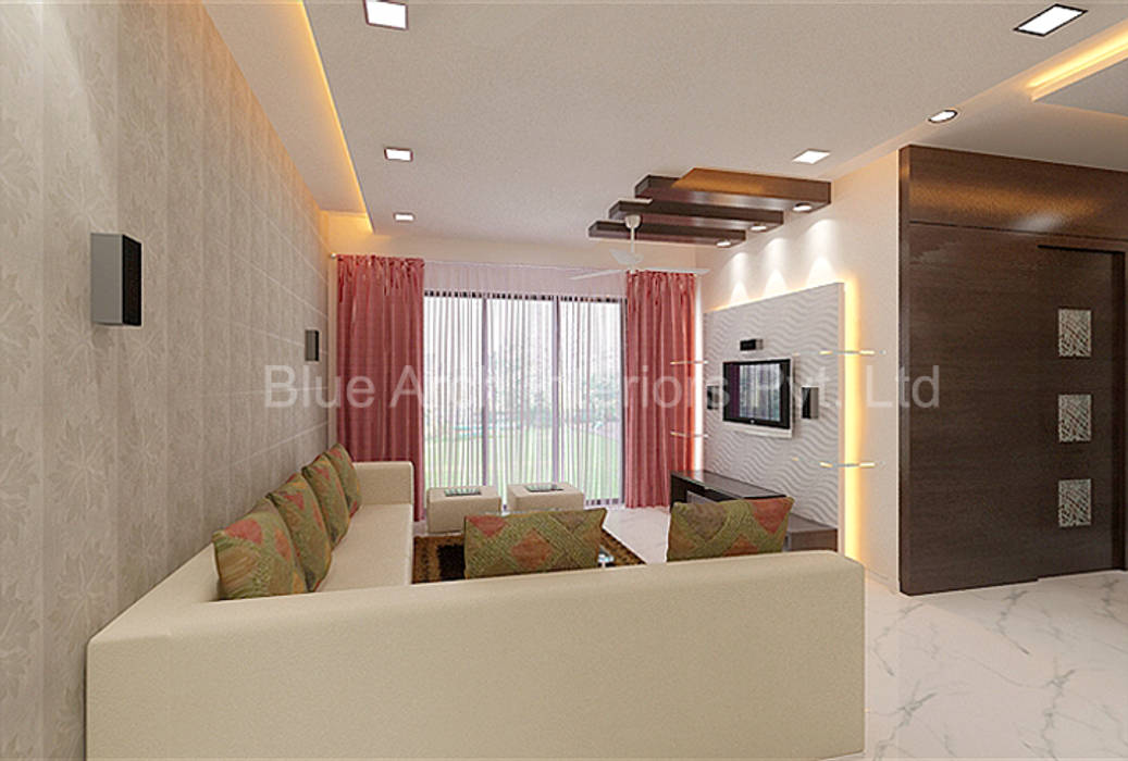 Residential 4BHK flat in Mulund, Mumbai, Bluearch Architects & Interiors Bluearch Architects & Interiors Modern Living Room Ceramic Lighting