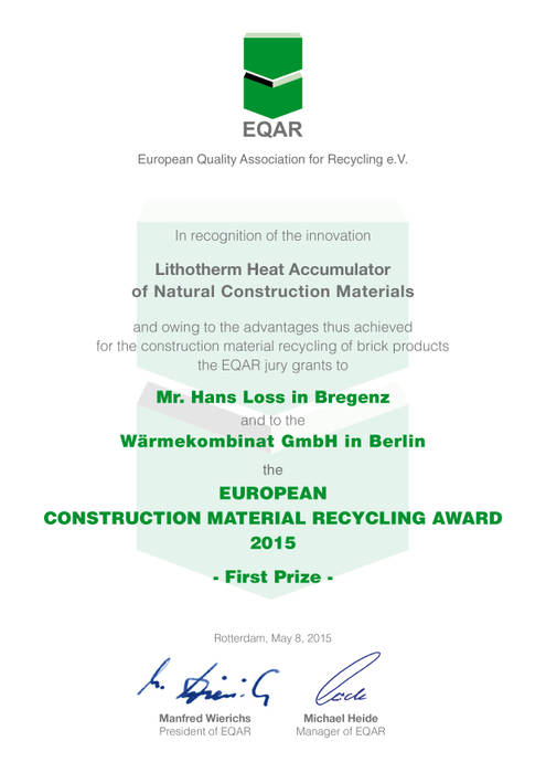 Wärmekombinat gewinnt den EQAR Award 2015 in Rotterdam, Wärmekombinat GmbH Wärmekombinat GmbH