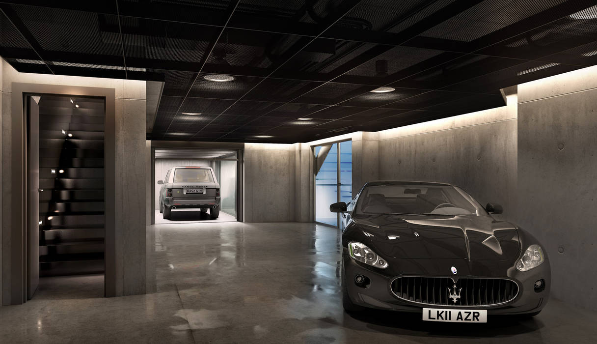 ​House in Notting Hill by Recent Spaces Recent Spaces Modern Garage and Shed Metal garage,parking,underground,cars,grid,mesh,screen,lift,car lift,carlift,stair,stairwell