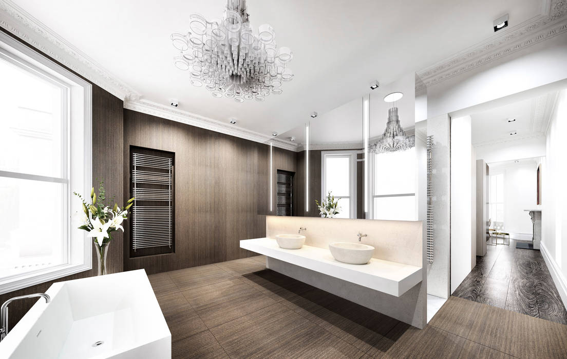 ​House in Notting Hill by Recent Spaces Recent Spaces Modern bathroom Tiles bathroom,tiles,wood panel wall,wood tile,sink,concrete,bath,mirror,chandelier