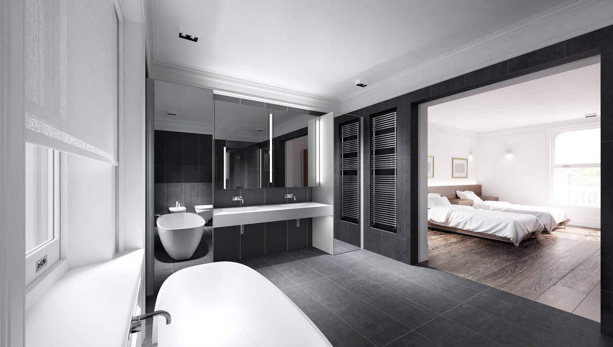​House in Notting Hill by Recent Spaces Recent Spaces Modern bathroom Slate slate,tiles,bath,sink,niche,towel rail,bedroom