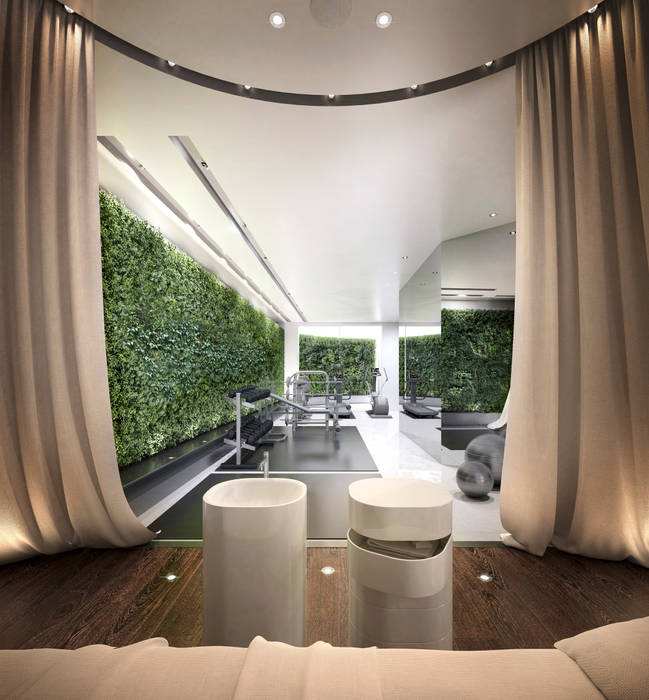 ​House in Notting Hill by Recent Spaces Recent Spaces Modern gym Wood Wood effect gym,spa,relax,massage,table,sink,beauty,curtains,living wall,green wall,weights