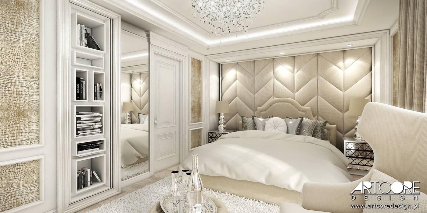 Projektowanie wnętrz sypialni w stylu galmour., ArtCore Design ArtCore Design