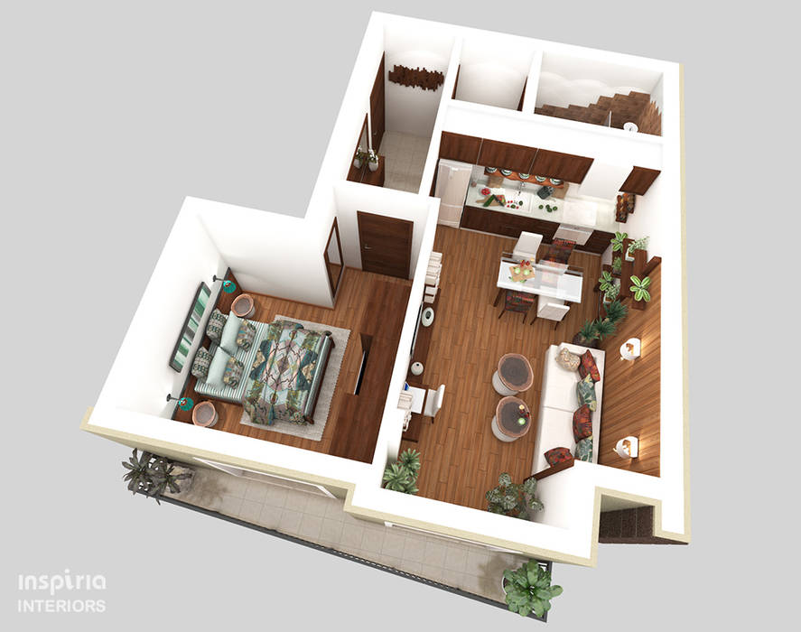 Country style Interior for an apartment Inspiria Interiors Landhaus Küchen 3D,floor plan,country,small,apartment,one bedroom