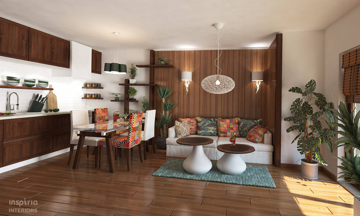 Country style Interior for an appartment kitchen and living room Inspiria Interiors Ruang Keluarga Gaya Country open space kitchen,living room,small,dining,kitchen,country