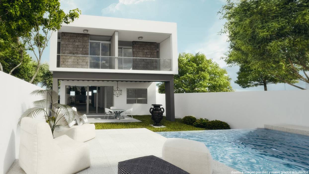 Fachada posterior Diez y Nueve Grados Arquitectos Albercas minimalistas blanco,terraza,alberca,render
