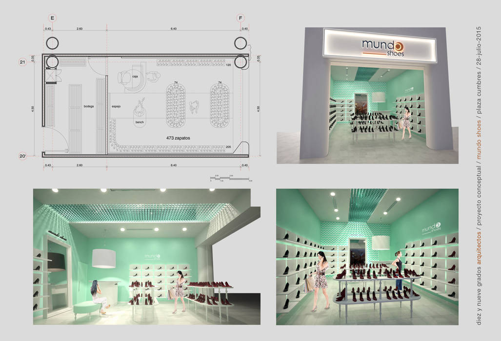 Lámina de presentación Diez y Nueve Grados Arquitectos render,tienda,zapatos,centro comercial,local