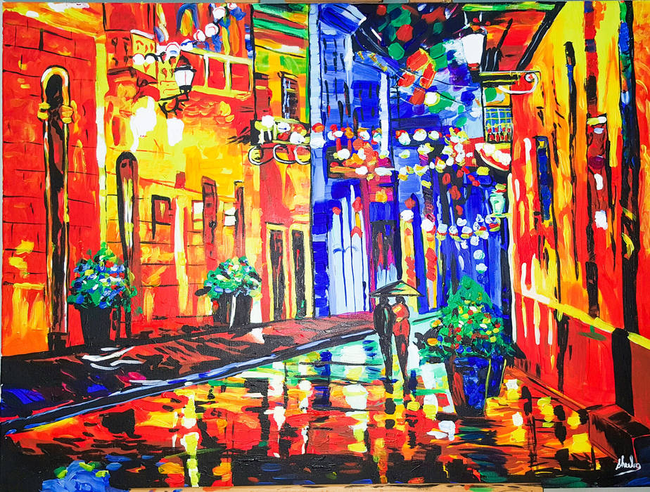 KNIFE PAINTING REPRODUCTION- WALK ON A RAINY EVENING SHEEVIA INTERIOR CONCEPTS Other spaces INTERIOR DECORATION,Pictures & paintings