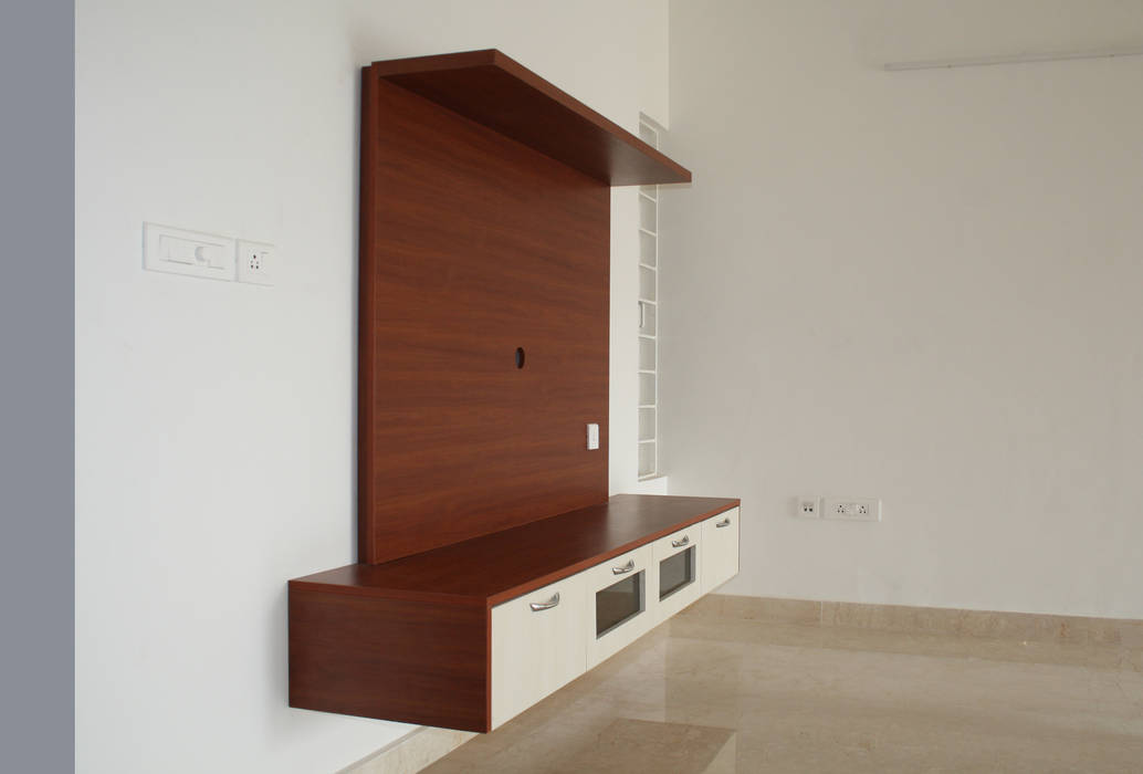 Interior work for a 3 bedroom apartment @ Anna Nagar, Ashpra interiors Ashpra interiors Ruang Keluarga Gaya Asia TV stands & cabinets