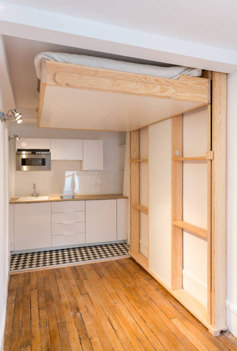 Studio à Paris – Rénovation complète – Optimisation d’espace, mon concept habitation mon concept habitation Cuisine minimaliste Meubles,Bois,Design d&#39;intérieur,Ébénisterie,Sol,Étage,Ombre,Entrée,Tache de bois,Rayonnage