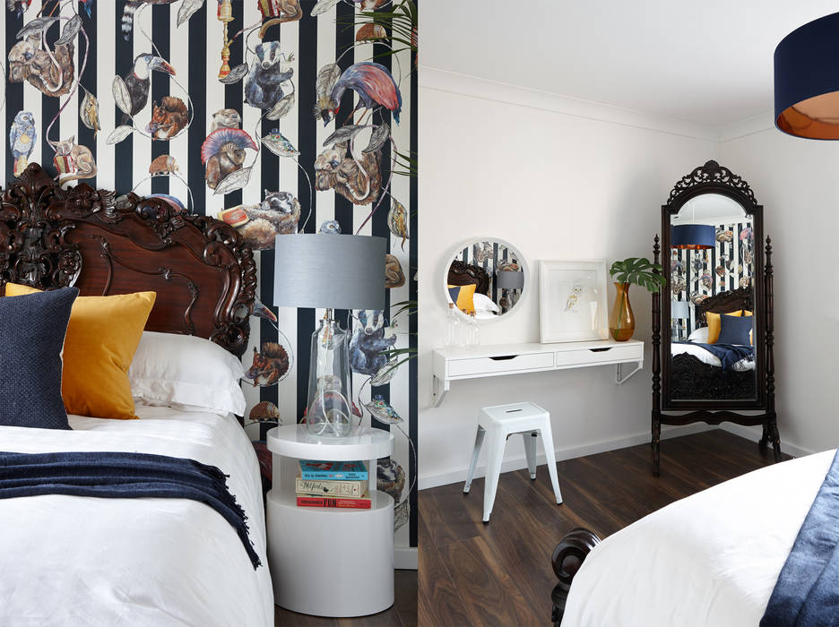 Virginia Water Apartment - Surrey Bhavin Taylor Design Modern style bedroom bedroom,bed,bedside tables,wallpaper,blue,grey,mirror,yellow,dressing table,animals