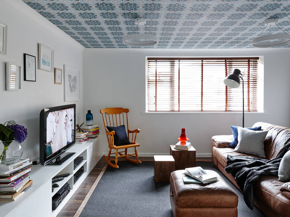 Virginia Water Apartment - Surrey Bhavin Taylor Design Modern living room living room,wallpaper,furniture,storage,custom storage,cabinetry,pattern,ceiling lighting,artwork,blue,white