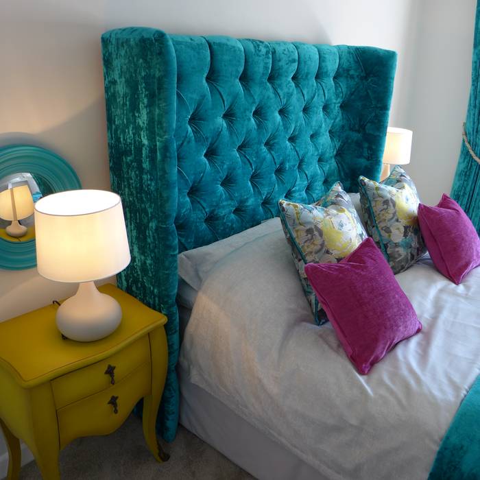 deep buttoned headboard Style Within Klassieke slaapkamers velvet headboard,teal blue fabrics,yellow bombe bedside,touch table lamp,pink cushions,neutral bedlinen,grey bedroom,fabric headboard