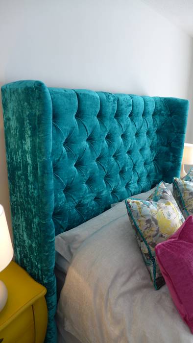 large fabric headboard Style Within Klassische Schlafzimmer deep buttoned,headboard,teal blue,teal,blue headboard,velvet headboard,pink scatter cushion,bombe bedsides,bedside cabinets,bedroom furniture,bedroom furnishings,bedroom styling
