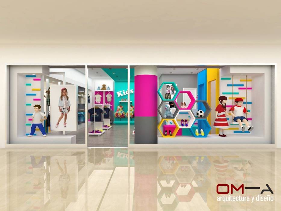 Diseño interior de tienda de ropa para niños, om-a arquitectura y diseño om-a arquitectura y diseño Espacios comerciales Tiendas y espacios comerciales