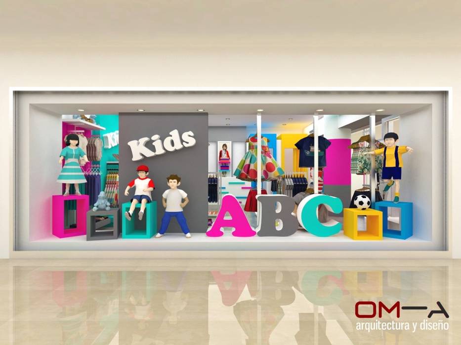 Diseño interior de tienda de ropa para niños, om-a arquitectura y diseño om-a arquitectura y diseño Commercial spaces Office spaces & stores