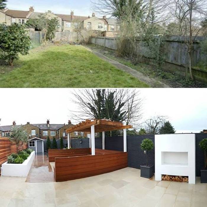 Before and After - Transformation of dull garden into a fresh contemporary space perfect for Alfresco Dining IS AND REN STUDIOS LTD contemporary garden,contemporary design,raised flowerbeds,contemporary firepit,firepit,cedar fence,bench seating,contemporary bench,garden design,pergola,yellow balau bench,contemporary decking