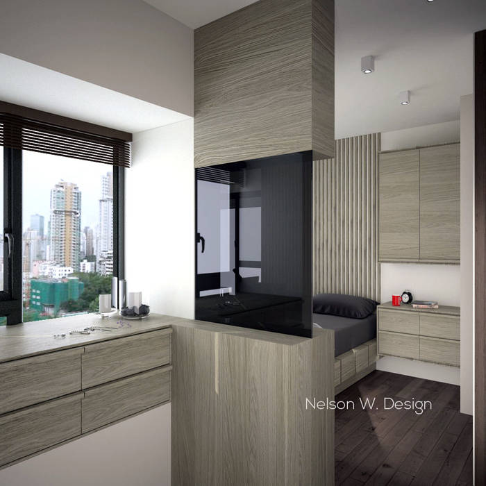 The Long Beach | Hong Kong, Nelson W Design Nelson W Design Modern style bedroom Cabinetry,Property,Building,Countertop,Wood,Interior design,Grey,Shade,Drawer,Living room