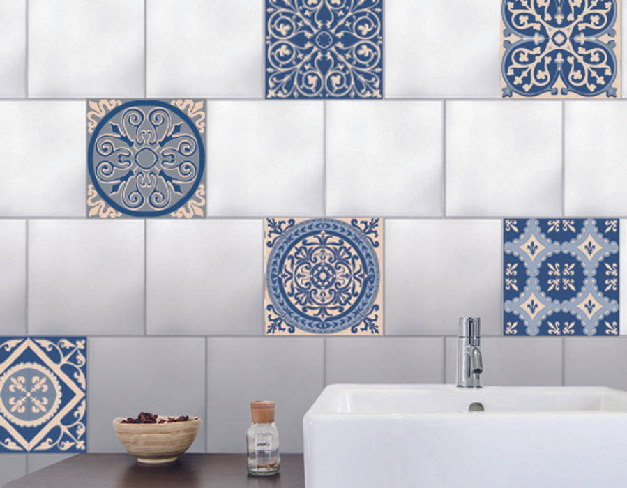 Tiling makeover : Fake blue cement tiles, Wall Sweet Home - Plage SA Wall Sweet Home - Plage SA Mediterranean style bathrooms Plastic Decoration