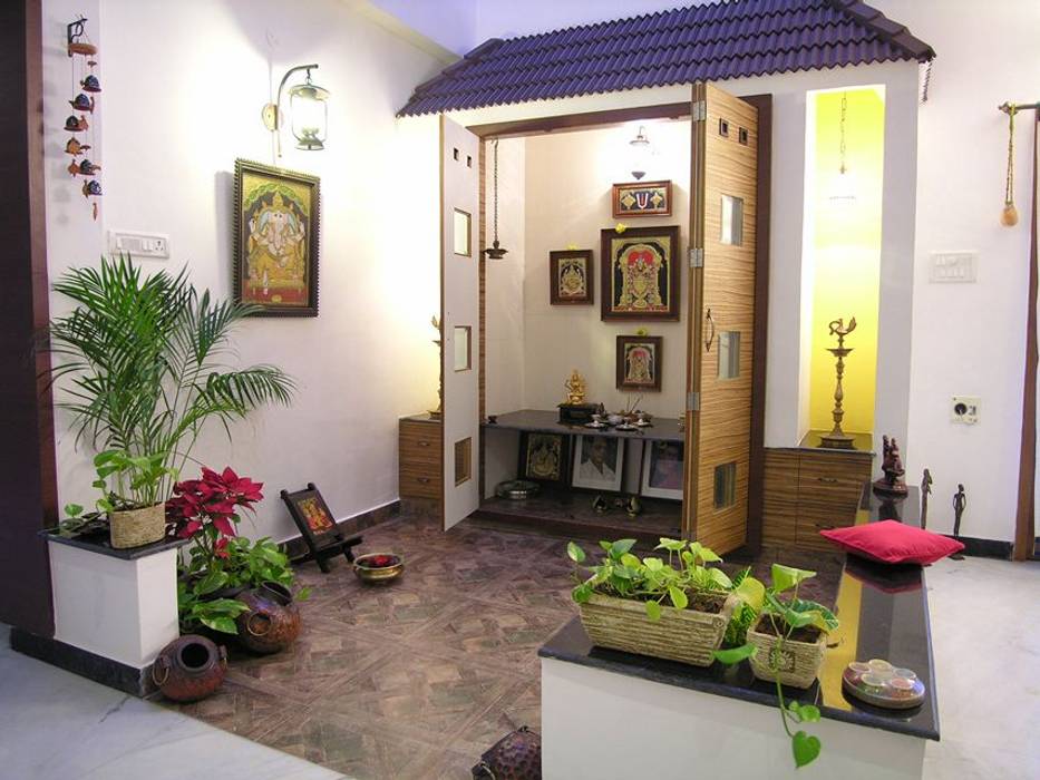 pooja room Ansari Architects Modern dining room Plant,Picture frame,Property,Houseplant,Building,Flowerpot,Green,Lighting,Interior design,Yellow