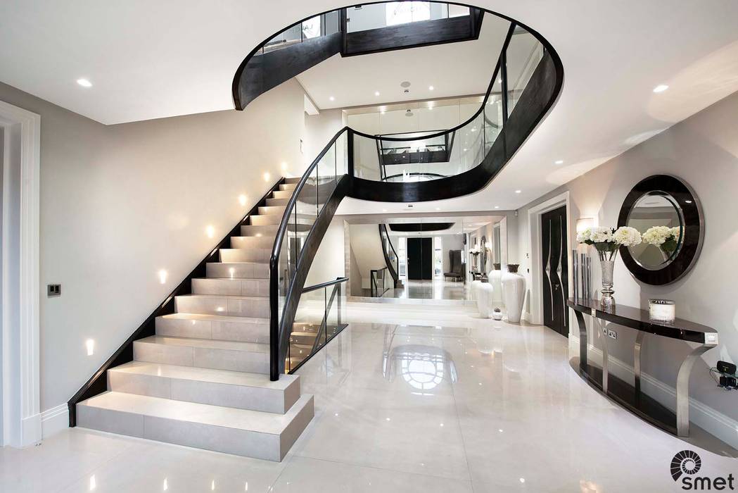 Radlett Smet UK - Staircases 現代風玄關、走廊與階梯 French Oak,Modern,Design,Glass,Marble,Curved,Bespoke
