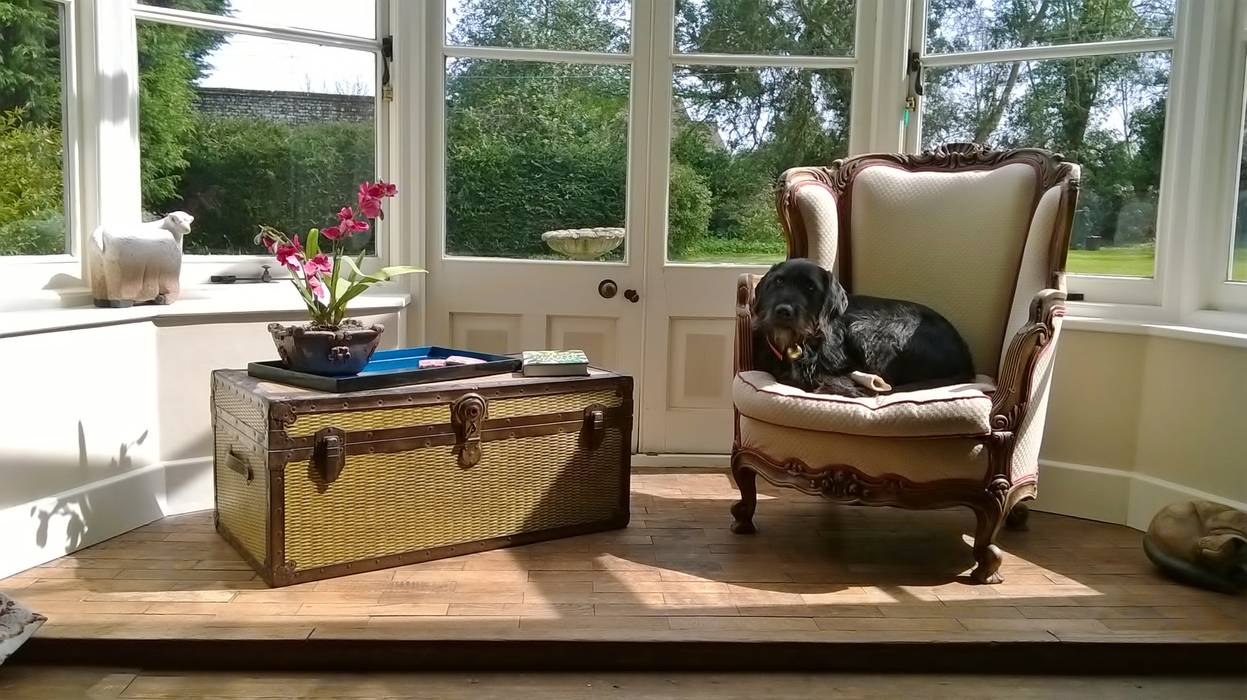 A cosy reading space Bandon Interior Design Living room bay window,living room,reading corner,trunk,wooden floors,period property,period design,snug corner,conservatory