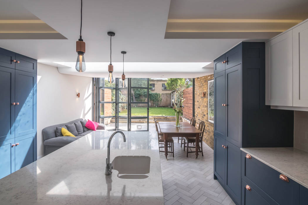 East Dulwich 1 Proctor & Co. Architecture Ltd Industrial style kitchen Bricks shaker style,herringbone,herringbone tile,exposed brick,kitchen extension,london extension,copper,blue kitchen,cove lighting,industrial doors,crittal doors