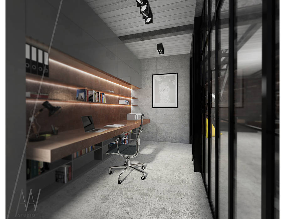 PROJEKT KONCEPCYJNY WNĘTRZ LOFTU O INDUSTRIALNYM CHARAKTERZE, AAW studio AAW studio ห้องทำงาน/อ่านหนังสือ