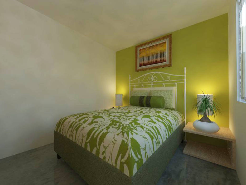 Recámara homify Recámaras pequeñas Concreto reforzado recámara,bedroom,verde,cama matrimonial,iluminación