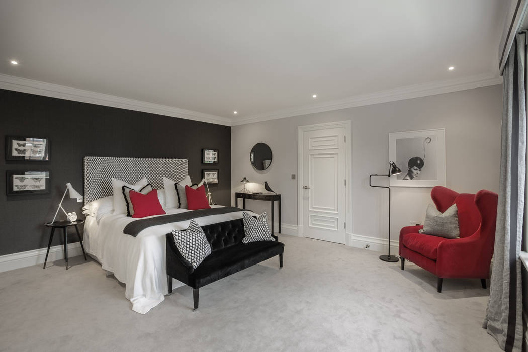 Bedroom 2 Studio Hooton Chambre moderne bedroom,monochrome,grass cloth,red velvet,black and white,bed