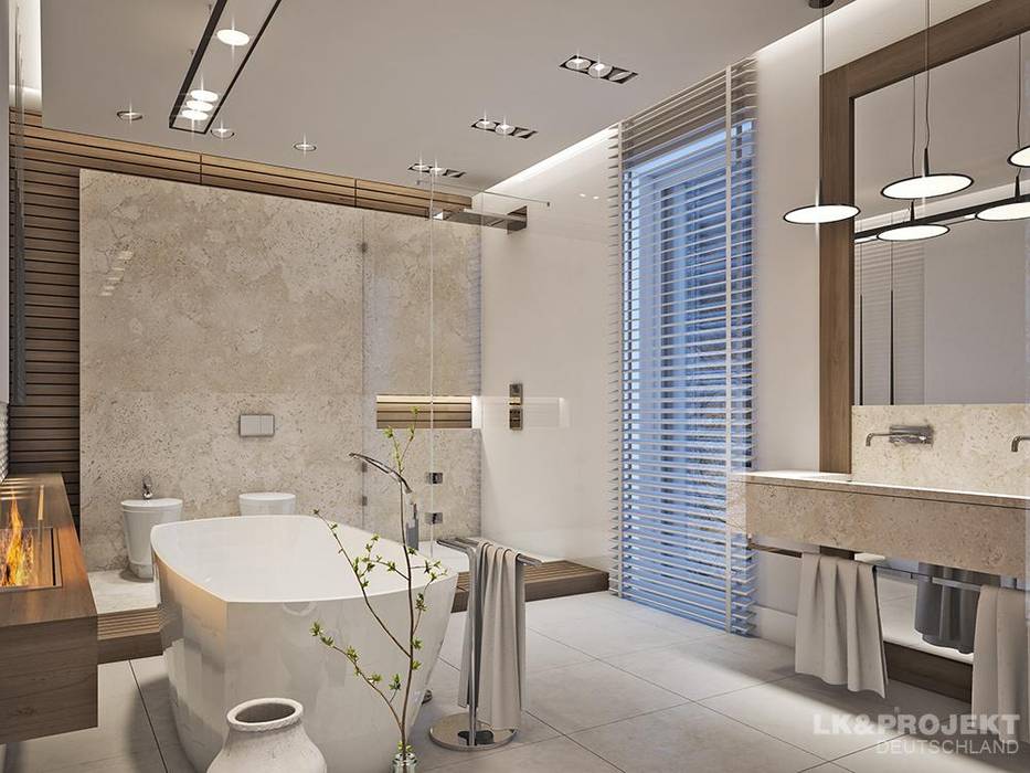 Wohnzimmer, Küche, Schlafzimmer, Bad; Garderobe, Swimmingpool, Sauna - nicht nur die Aussicht ist fantastisch... , LK&Projekt GmbH LK&Projekt GmbH Modern style bathrooms