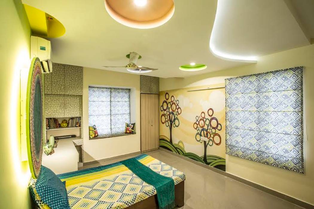 Ezhilagam, Spacestudiochennai Spacestudiochennai Modern style bedroom Property,Decoration,Window,Lighting,Interior design,Living room,Yellow,Architecture,Building,House