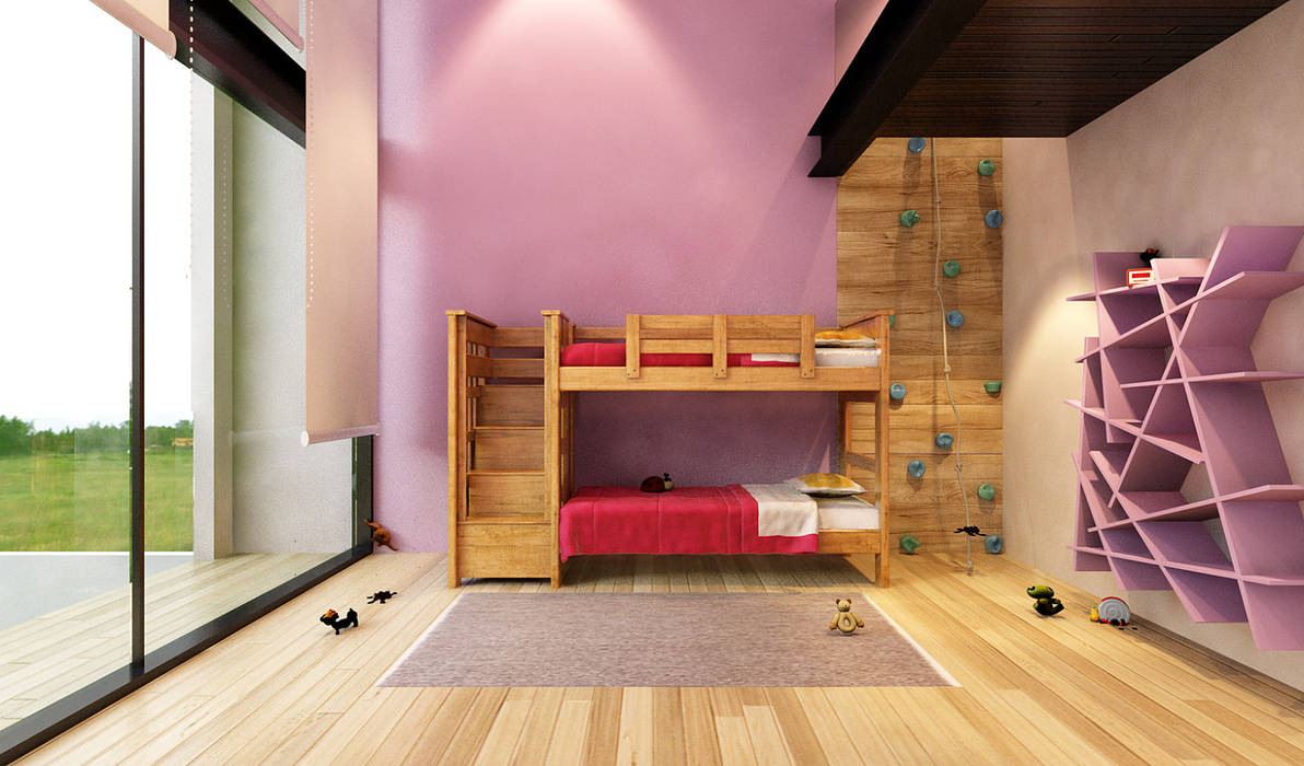 Recámara niña con pared de escalar AParquitectos Dormitorios infantiles modernos Madera Acabado en madera recamara,cuarto de niña,escalar