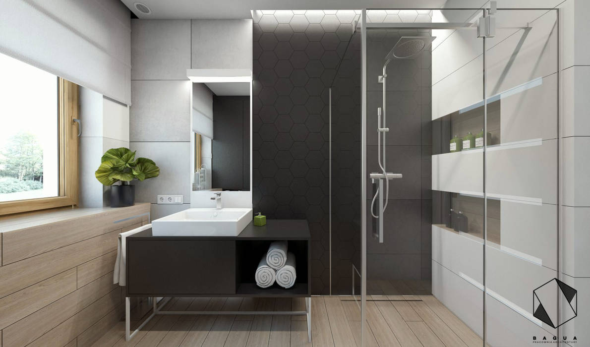 Projekt domu jednorodzinnego 8, BAGUA Pracownia Architektury Wnętrz BAGUA Pracownia Architektury Wnętrz Modern bathroom