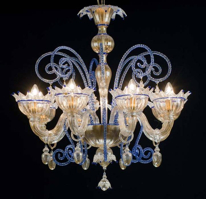 Blue and Gold Glass Chandelier - RENIER YourMurano Lighting UK Salas de estilo clásico Vidrio Iluminación