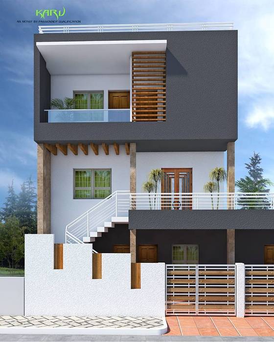 A SMALL BUNGALOW, KARU AN ARTIST KARU AN ARTIST Modern houses Building,Cloud,Sky,Rectangle,Window,House,Tree,Fixture,Stairs,Architecture