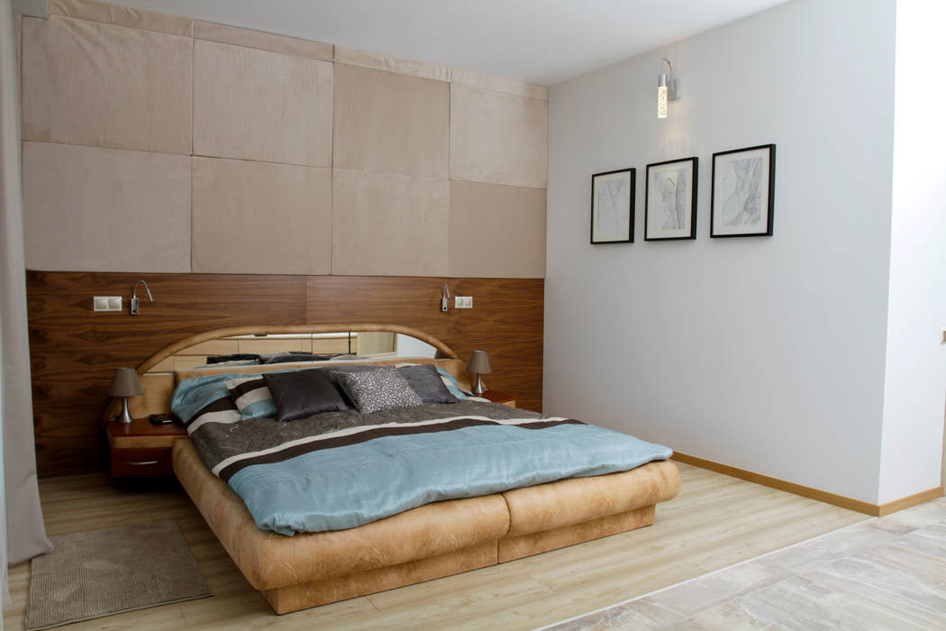 Oaza spokoju in2home Nowoczesna sypialnia Drewno Beżowy sypialnia,tapicerowana,ściana,łóżko,drewniana