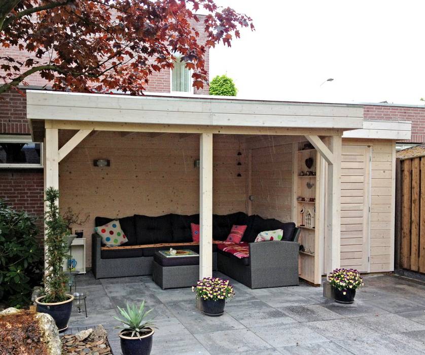 Gazebo with intergrated garden store Garden Affairs Ltd Garden لکڑی Wood effect gazebo,garden store,veranda,outdoor seating,shelter,woodstore,practical,store,quality,flat roof,bike store